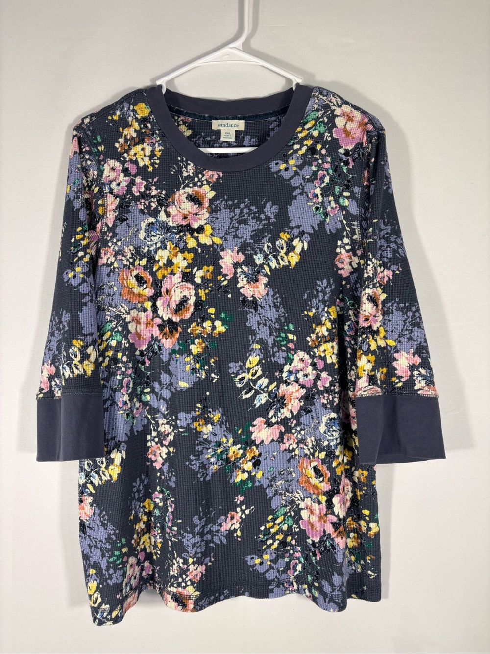 Sundance Floral Waffle Knit Top Gray Pink 3/4 Sleeve Cottagecore Size XXL